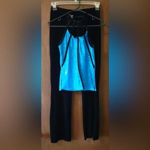 Blue shiny dance top & black velvet/velour pants size small adult dance costume
